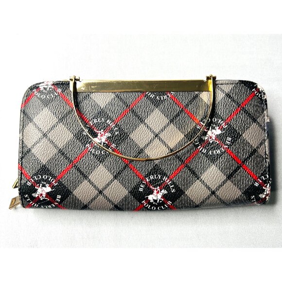 Beverly Hills Polo Club Womens Wallet Clutch With Gold Plated Handle & Plaid Des - Picture 1 of 8